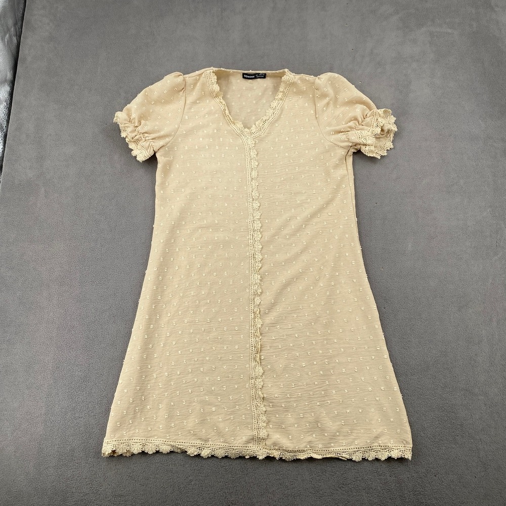 Gomorn Cream Swiss Dot Lace Trim Mini Dress Small Cottagecore Boho Puff Sleeve